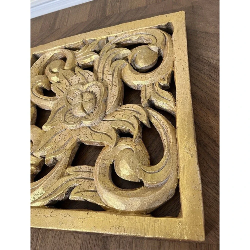 Hand-Carved Floral Scroll Hollywood Regency Gold Wood Wall Gallery Decor
